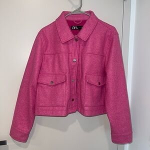 ZARA cropped hot pink jacket with silver snap buttons